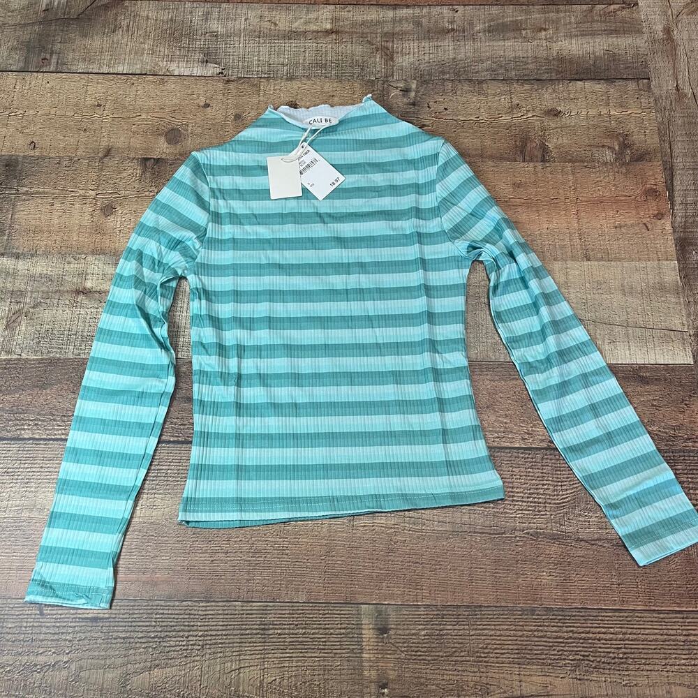 Cali Be NEW Women's Striped Ribbed Mock Neck Long Sleeve Top Sz S Cropped